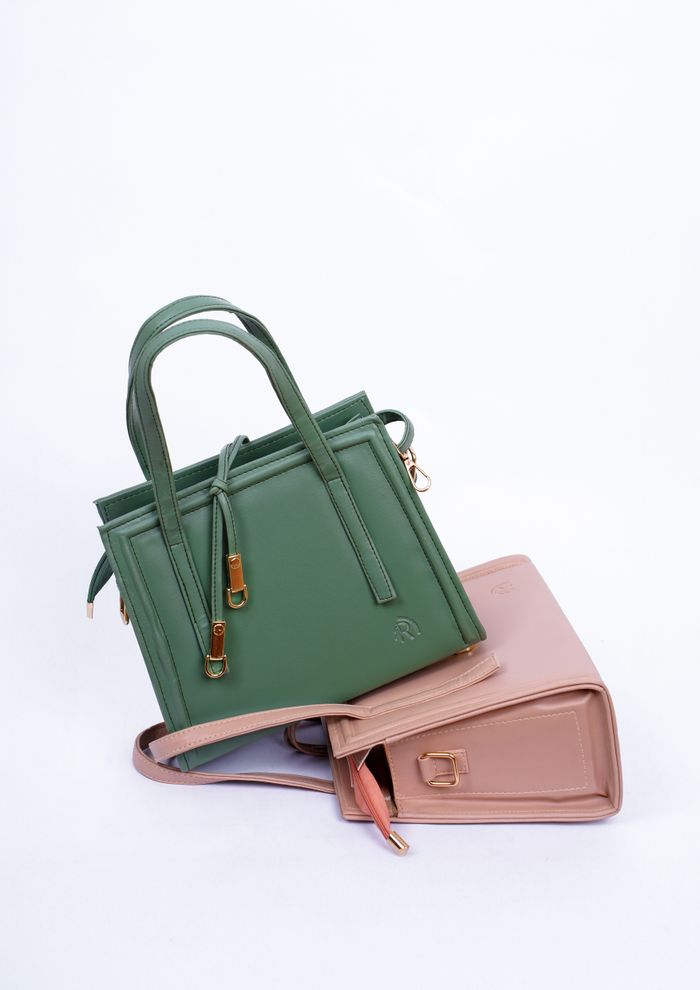 services-01 Stylish green and beige handbags in a studio setting with a white background, perfect for fashion showcases.